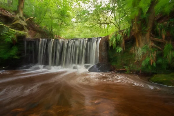 Lunga Esposizione Dipinto Digitale Una Piccola Cascata Kynpersley Reservoir Glen — Foto Stock