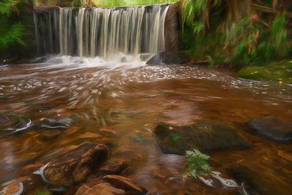 Dlouhá Expozice Digitální Malba Malého Vodopádu Kynpersleyské Přehradě Odlehlé Rokli — Stock fotografie