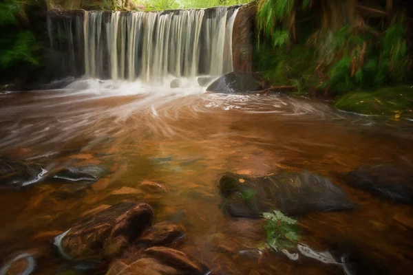 Lange Blootstelling Digitaal Schilderij Van Een Kleine Waterval Bij Het — Stockfoto