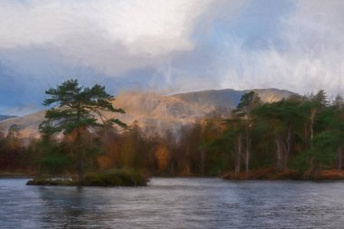 Digital painting of moody morning fall light at Tarn Hows in the English Lake District with views of Yewdale Crag, and Holme Fell during autumn. clipart