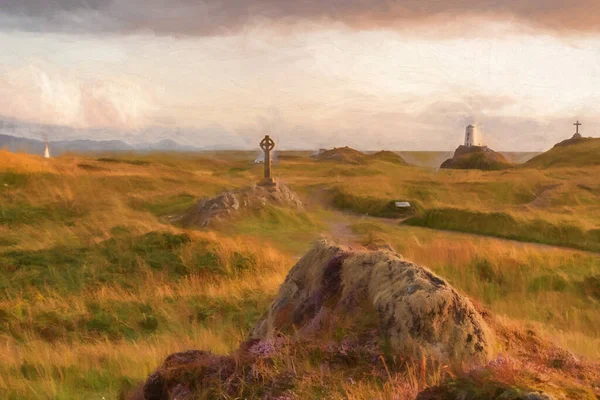 Llanddwyn Adası deniz fenerinin dijital tablosu, Twr Mawr Anglesey, Kuzey Galler 'deki Ynys Llanddwyn' de gün batımında..