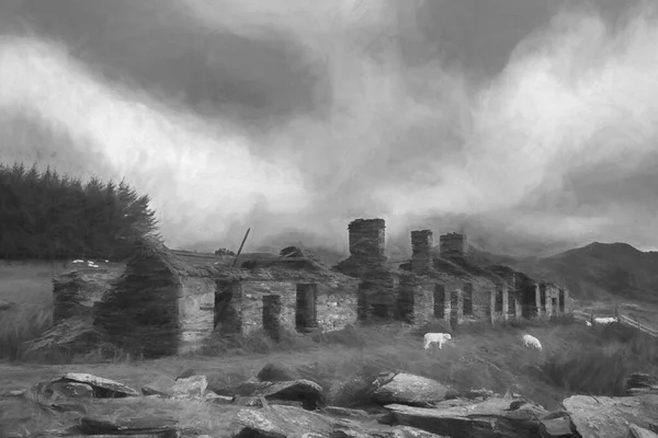 威尔士斯诺多尼亚国家公园Moel Siabod下的Capel Curig废弃罗氏石板采石场的数字绘画 — 图库照片