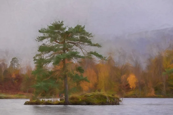 Digital Painting Moody Morning Fall Light Tarn Hows English Lake — Stock Photo, Image