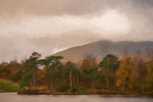 Cyfrowy Obraz Nastrojowego Poranka Tarn Hows English Lake District Widokiem — Zdjęcie stockowe