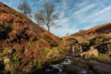 Peak District Ulusal Parkı 'ndaki Three Shires Head' de bir şelale ve yük atı taşı köprüsü..