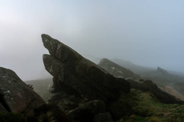 Peak District Ulusal Parkı 'ndaki Ramshaw Kayalıkları' nda sisli bir Ramshaw Kayalıkları 'nın doğuşu. Hamamböceklerinin atmosferi ve sisi.