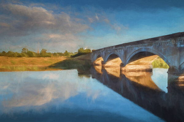 Digital painting of a 19th century toll bridge and reflection across the River Trent at Willington, Derbyshire.
