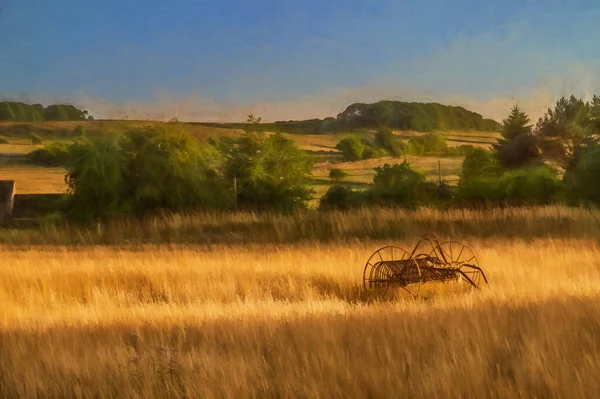 Digital Painting Antique Hay Rake Farmers Field Sunset Staffordshire Moorlands — Stock Photo, Image