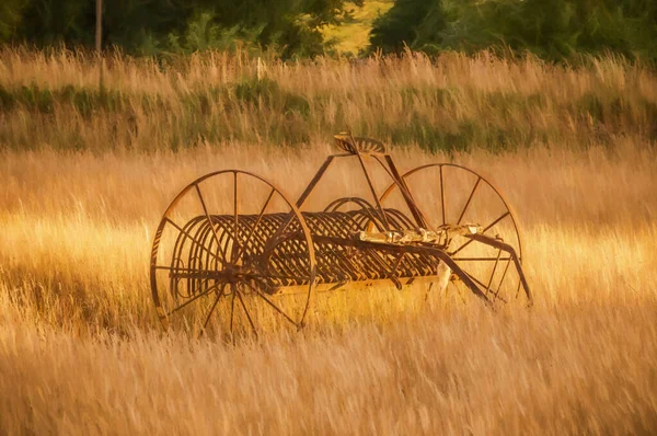 Digital Painting Antique Hay Rake Farmers Field Sunset Staffordshire Moorlands — Stock Photo, Image