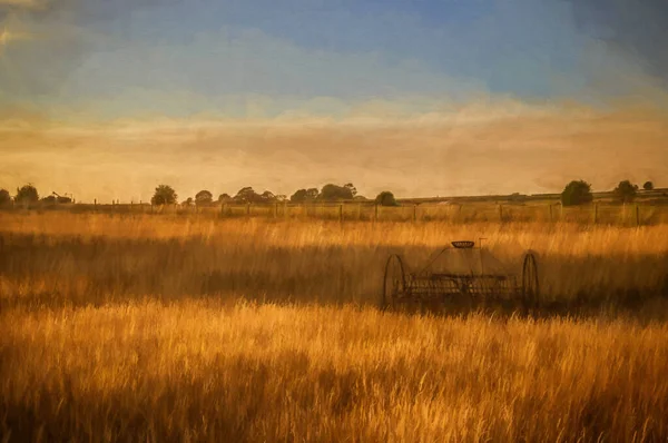 Peinture Numérique Râteau Foin Antique Dans Champ Fermiers Coucher Soleil — Photo