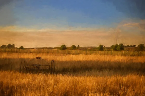 Digitales Gemälde Einer Antiken Heuharke Auf Einem Feld Bei Sonnenuntergang — Stockfoto