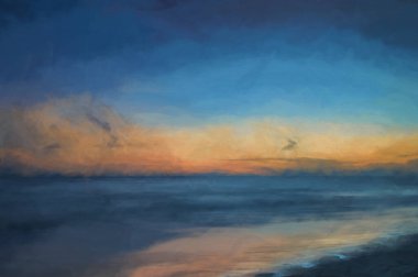 Denizin altın saatindeki uzun pozunun dijital tablosu. Şafak beyaz kumlu bir sahilin üzerine çökmeye başlıyor..