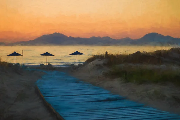 Digital Målning Ljusblå Strandpromenad Leder Ner Till Parasoller Stranden Som — Stockfoto