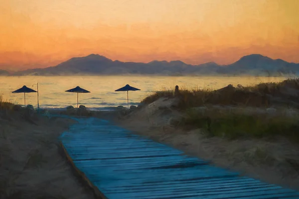 Dipinto Digitale Lungomare Azzurro Conduce Fino Agli Ombrelloni Sulla Spiaggia — Foto Stock