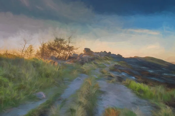 Цифровая Картина Золотого Часа Закате Освещает Вереск Скалы Национальном Парке — стоковое фото