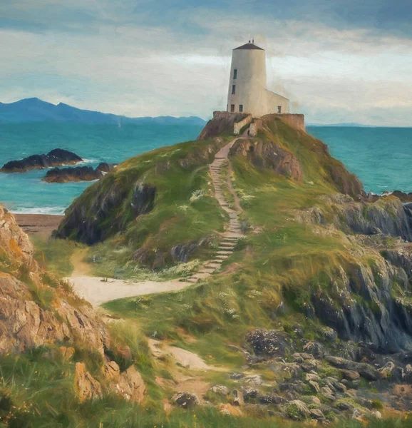 Llanddwyn Adası Deniz Fenerinin Dijital Tablosu Anglesey Kuzey Galler Deki — Stok fotoğraf