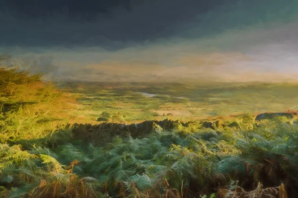 Digital Painting Sunset Tittesworth Reservoir Surrounding Fields Roaches Peak District — Stock Photo, Image