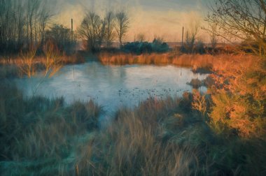 Wetley Moor, Staffordshire 'daki donmuş bir gölette şafak ışığının dijital tablosu. Hala gölgede olan donmuş bozkırın aksine..