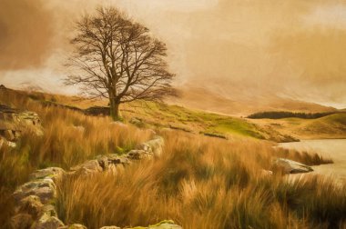 Kuzey Galler 'deki Snowdonia Ulusal Parkı' nda kış boyunca Llyn y Dywarchen, Snowdon ve Y Garn 'ın panoramik görüntülerinin dijital tablosu..