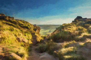The Roaches, Staffordshire 'dan günbatımında İngiltere' nin Peak District Ulusal Parkı 'nda panoramik bir görünümün dijital tablosu..