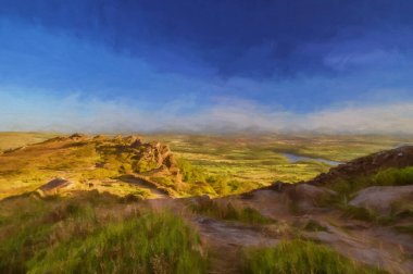 The Roaches, Staffordshire 'dan günbatımında İngiltere' nin Peak District Ulusal Parkı 'nda panoramik bir görünümün dijital tablosu..