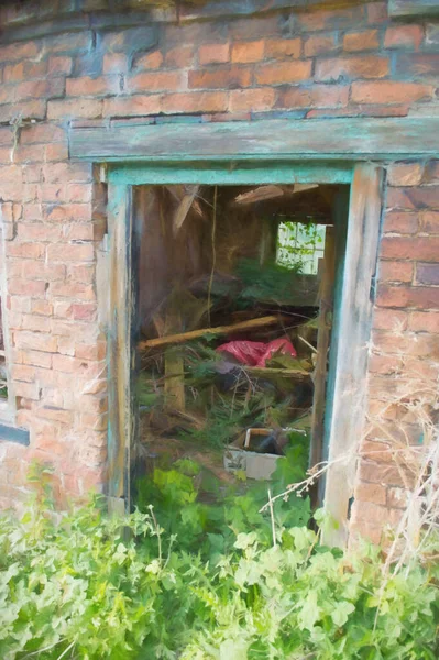 Cyfrowy Obraz Opuszczonej Starej Zniszczonej Zielonej Ramy Drzwi Czerwonej Ceglanej — Zdjęcie stockowe