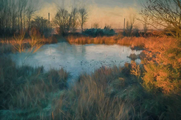 Wetley Moor, Staffordshire 'daki donmuş bir gölette şafak ışığının dijital tablosu. Hala gölgede olan donmuş bozkırın aksine..