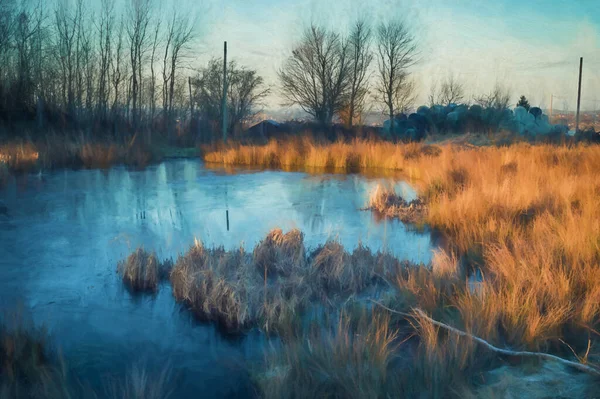 Digital Painting Dawn Light Frozen Pond Wetley Moor Staffordshire Contrasting — Stock Photo, Image