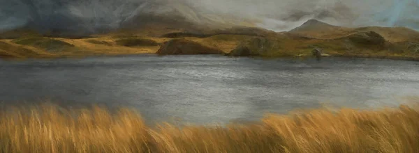 Kuzey Galler 'deki Snowdonia Ulusal Parkı' nda kış boyunca Llyn y Dywarchen, Snowdon ve Y Garn 'ın panoramik görüntülerinin dijital tablosu..