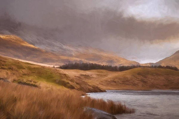 Digital Målning Panoramautsikt Över Llyn Dywarchen Snowdon Och Garn Vintern — Stockfoto