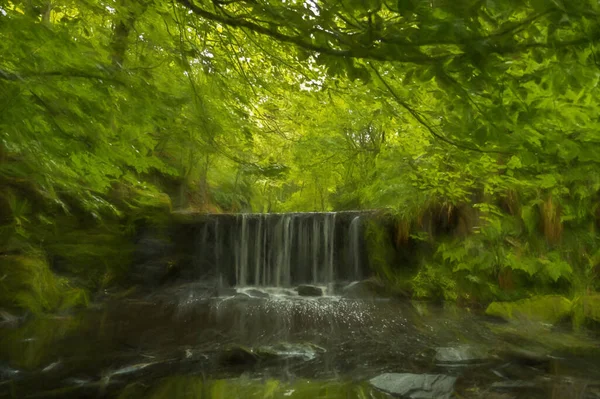 Digital Painting Long Exposure Small Waterfall Kynpersley Reservoir Secluded Glen — Stockfoto