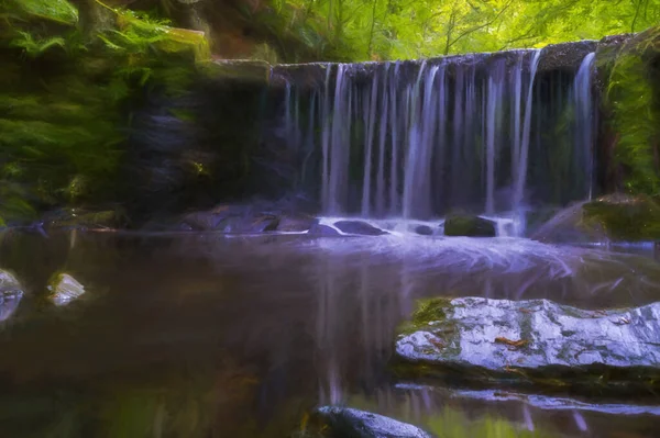 Digital Painting Long Exposure Small Waterfall Kynpersley Reservoir Secluded Glen — Stockfoto