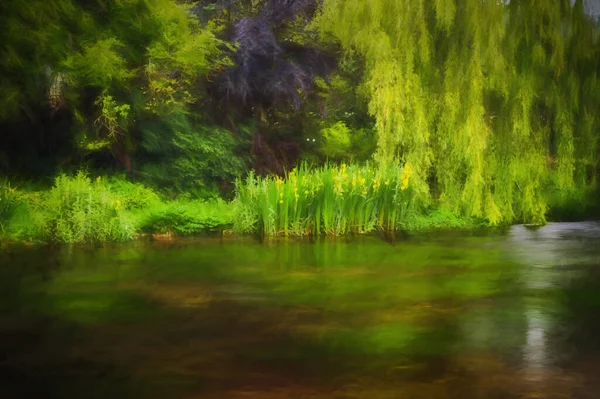 英国ダービーシャー州のピーク地区国立公園内のアシュフォード ウォーターの川岸に沿って成長する緑豊かな植物や木々のデジタル絵画 — ストック写真