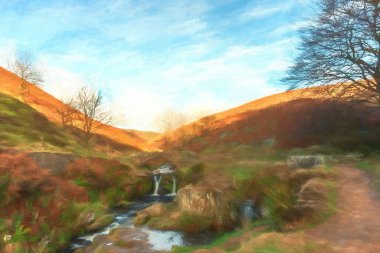 Bir şelalenin dijital suluboyası ve Three Shires Head 'deki yüklü at taşı köprüsü..