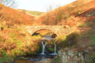 Bir şelalenin dijital suluboyası ve Three Shires Head 'deki yüklü at taşı köprüsü..