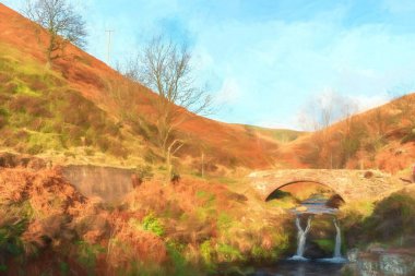 Bir şelalenin dijital suluboyası ve Three Shires Head 'deki yüklü at taşı köprüsü..