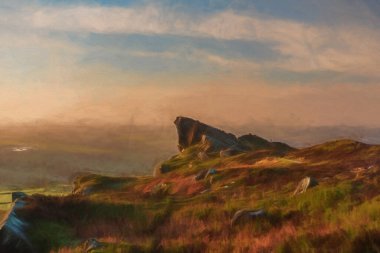 Peak District Ulusal Parkı 'ndaki Ramshaw Kayalıkları' nda güzel bir Ramshaw Kayalıkları gün doğumu. Mavi gökyüzü ve biraz sis.
