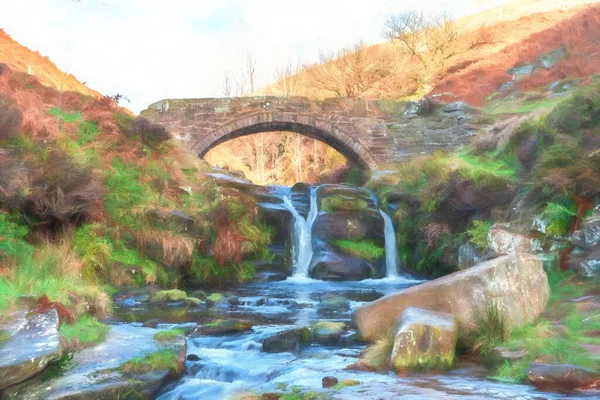 Digitales Aquarell Eines Wasserfalls Und Einer Packpferdbrücke Three Shires Head — Stockfoto
