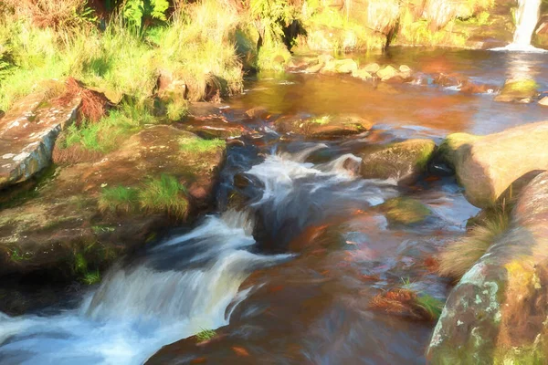 Digitální Akvarel Kaskádové Vody Three Shires Head Národním Parku Peak — Stock fotografie