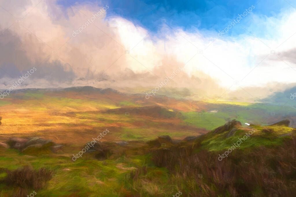 Digital watercolour of shafts of light illuminate an autumnal view of Ramshaw Rocks from The Roaches in the Peak District National Park.