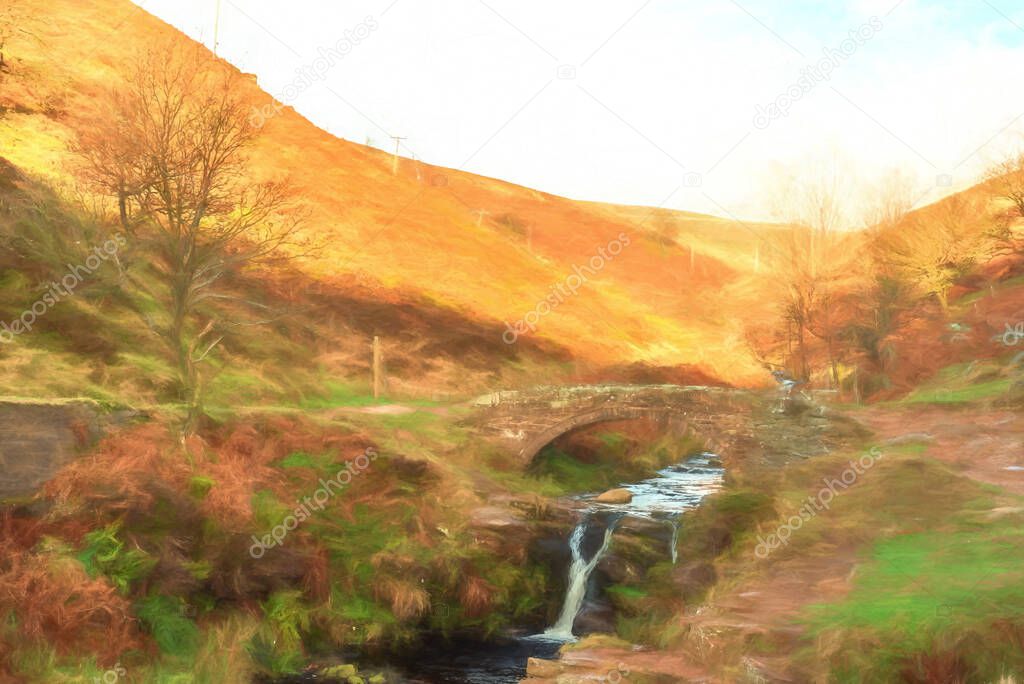 Digital watercolour of a waterfall and packhorse stone bridge at Three Shires Head in the Peak District National Park.