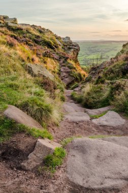 Günbatımı, Peak District Ulusal Parkı 'ndaki hamamböceklerinin çalılarını ve kayalarını aydınlatıyor. Hen Cloud uzaktan görülebilir..