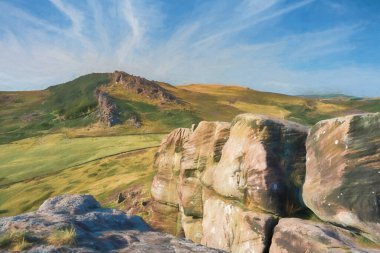 İngiltere 'nin Peak District Ulusal Parkı' ndaki Hen Cloud 'dan Staffordshire, The Roaches' taki mor fundanın panoramik görüntüsünün dijital tablosu..