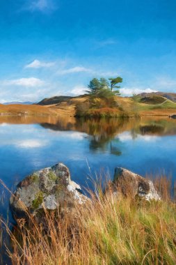 Snowdonia Ulusal Parkı, Dolgellau, Meirionnydd, Galler, İngiltere 'de sonbaharda Penygader, Kadair Idris ve Cregennan Gölü' nün dijital tablosu.