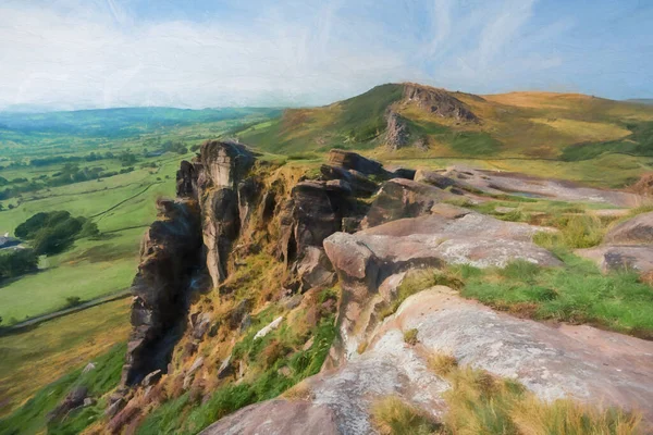 Digitale Malerei Eines Panoramabildes Von Purpurheidekraut Bei Den Kakerlaken Staffordshire — Stockfoto