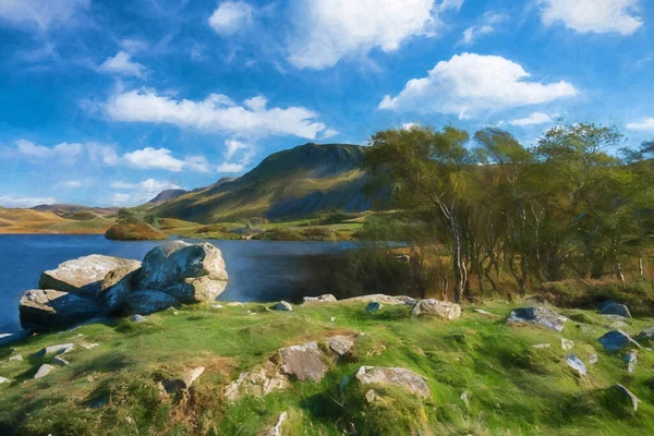 Digital Painting View Penygader Cadair Idris Mountain Range Cregennan Lake — Stock Photo, Image