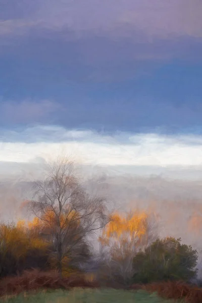 Digitaal Schilderij Van Een Zonsopgang Gouden Herfstboom Bladkleuren Bij Downs — Stockfoto