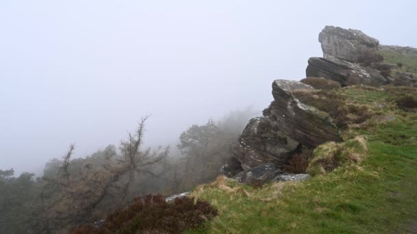 Blek Hedar Skog Klippor Och Dimma Roaches Upper Hulme Peak — Stockvideo