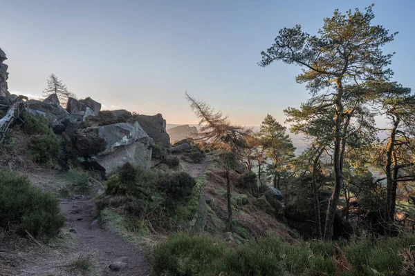 Panoramiczny Widok Karaluchów Staffordshire Zimowy Wschód Słońca Parku Narodowym Peak — Zdjęcie stockowe