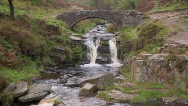 Three Shire Heads Autumnal Waterfall Stone Packhorse Bridge Three Shires — Stock Video